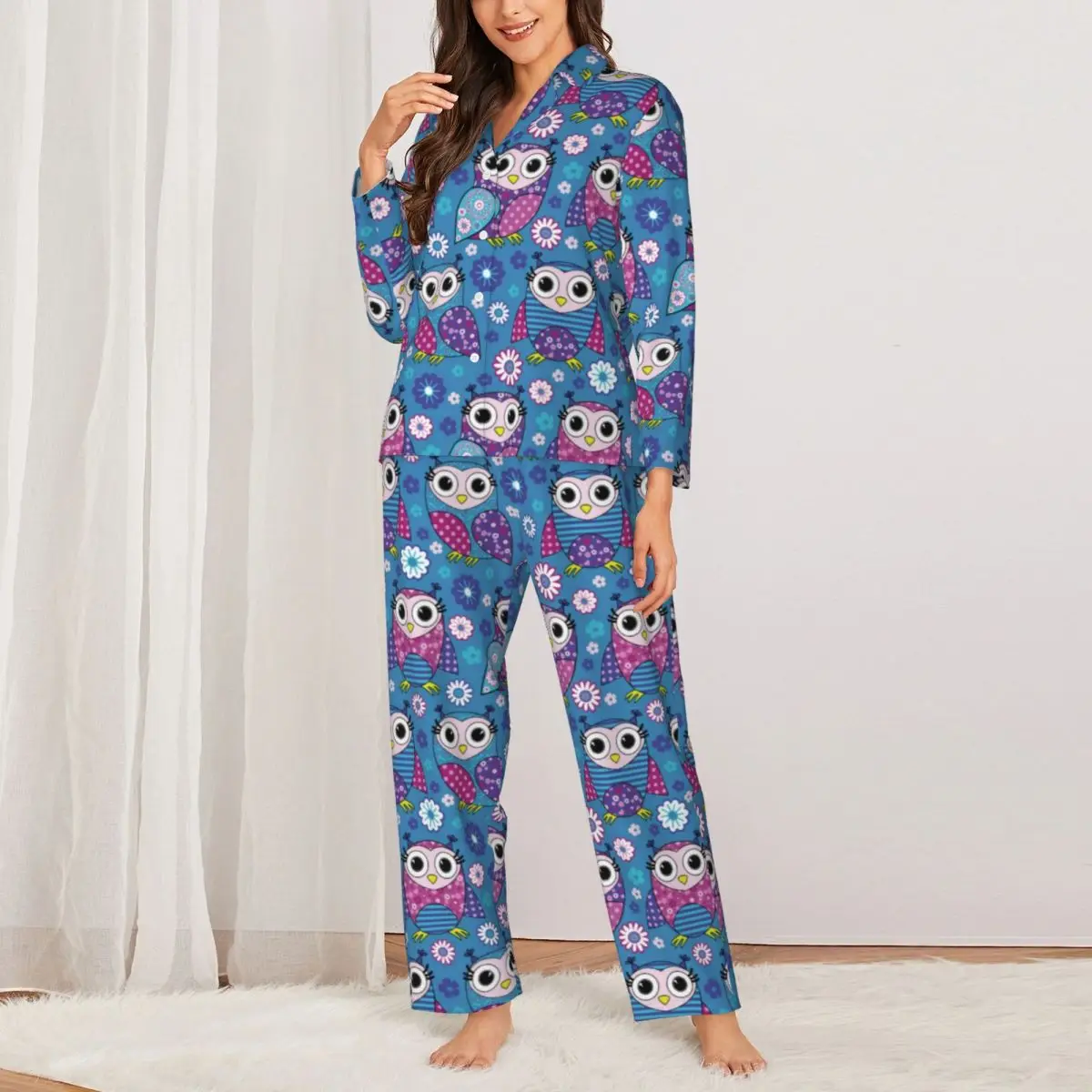 Multicolored Owl Pajama Sets Autumn Cute Animal Print Trendy Sleep Sleepwear Woman 2 Piece Casual Oversized Design Nightwear