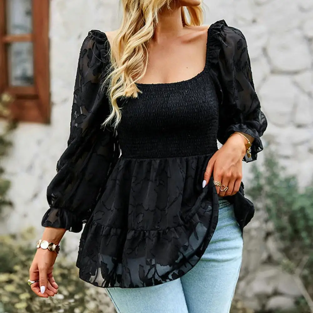 Hot！Square Collar Elastic Chest Wrap Floral Texture Autumn Blouse Sweet Ruffle Hem Lace Stitching Tunic Shirt Female Clothing