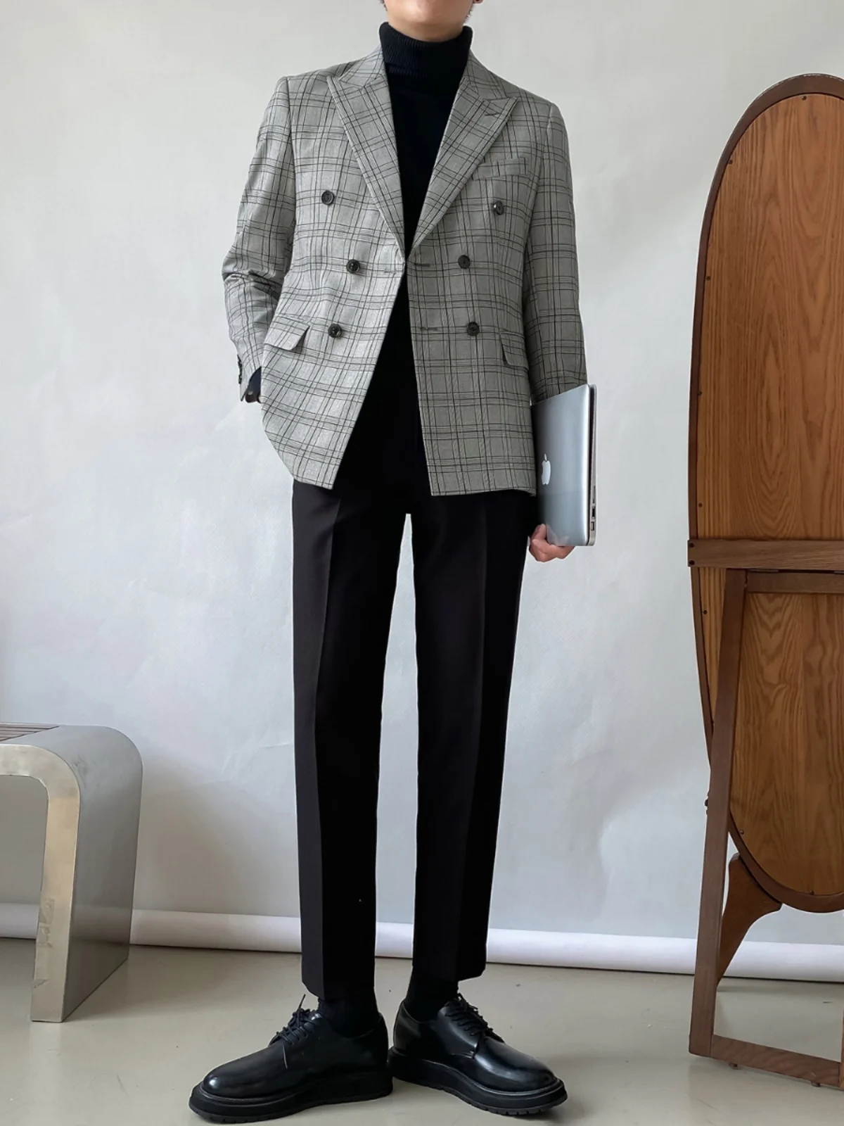 CY310 Fashion Senior Sense Thousand Bird Lattice Retro Suit Men 2024 New Korean Version of Temperament Blazer Jacket