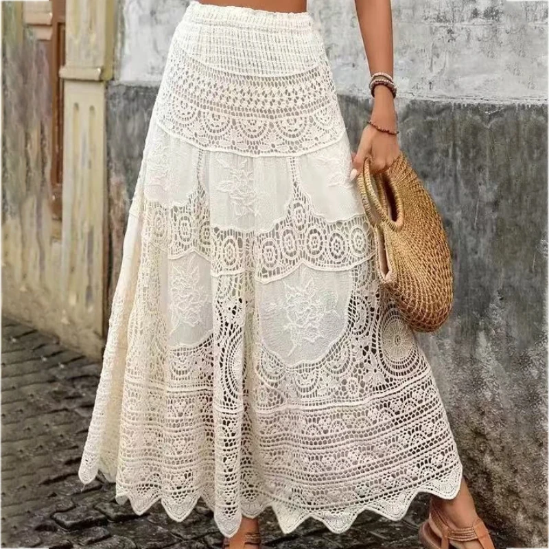 

Элегантные юбки А-силуэта с вышивкой и вырезами, богемные свободные юбки для женщин, весна 2026, повседневные хлопково-льняные юбки до щиколотки для дам