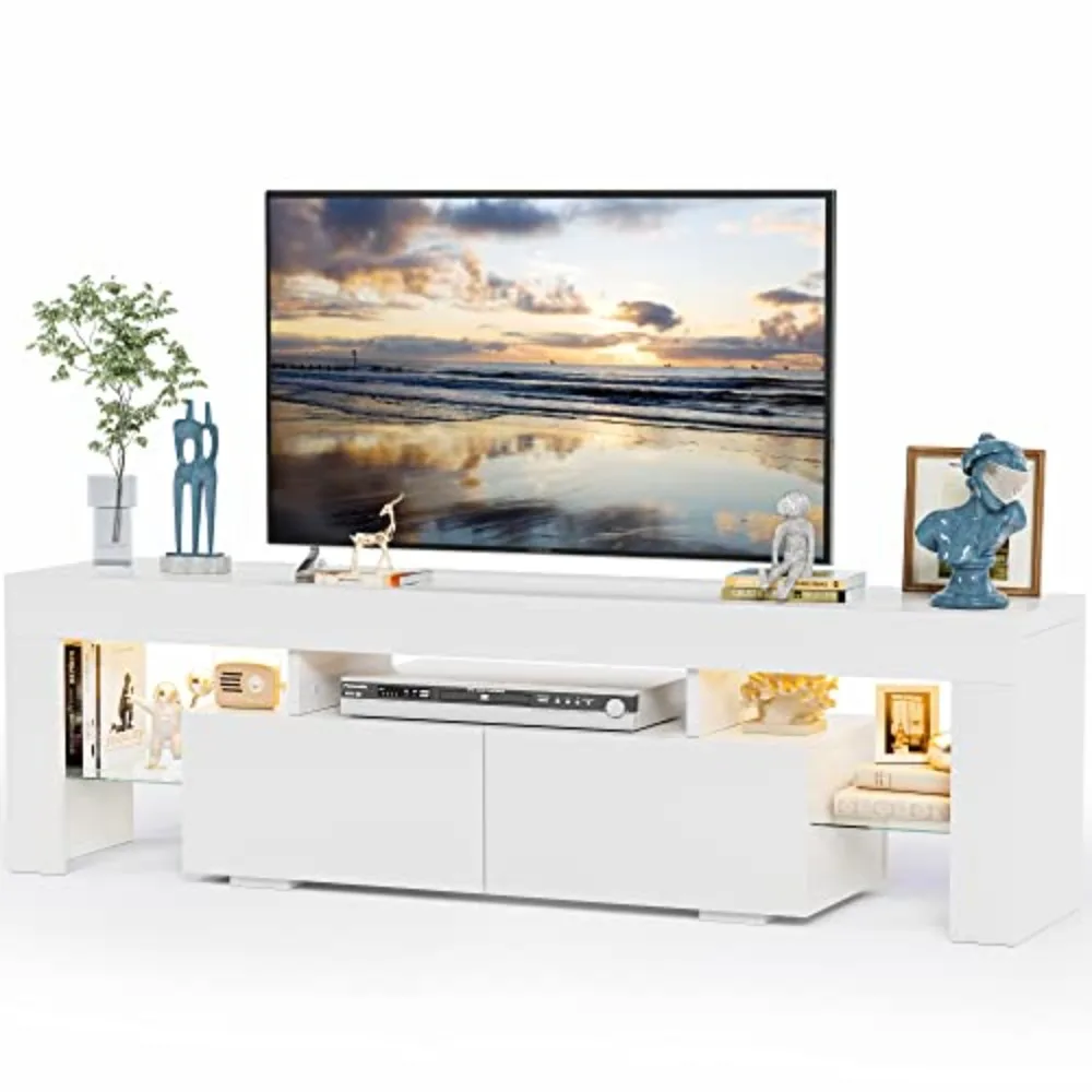 TV Stand with LED Lights, Modern Entertainment Center Media and Open Shelf Console Table Storage Desk with 1 Drawer and