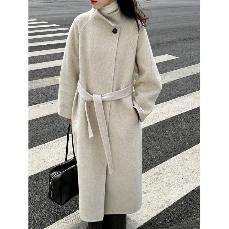 

Buckle Collar Long Double-sided Woolen Coat Women New Woolen Coat Winter