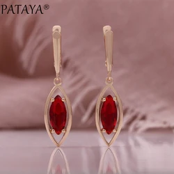 PATAYA Hot Trend 585 Rose Gold Color English Earrings for Women Oval Red Natural Zircon Accessories Bride Wedding Jewelry Gift