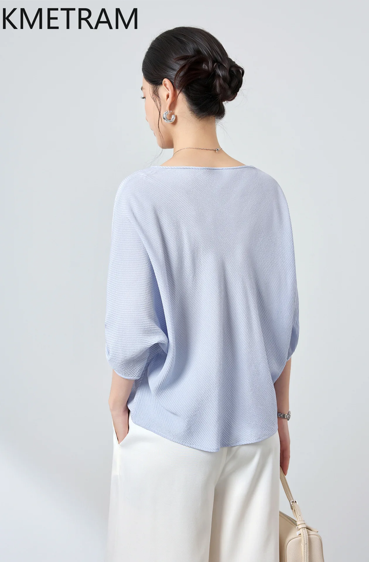 KMETRAM 100% Real Mulberry Silk Women T Shirts Elegant Blue T Shirt Loose Batwing Sleeves Summer Tops for Woman Clothing 2026 반팔