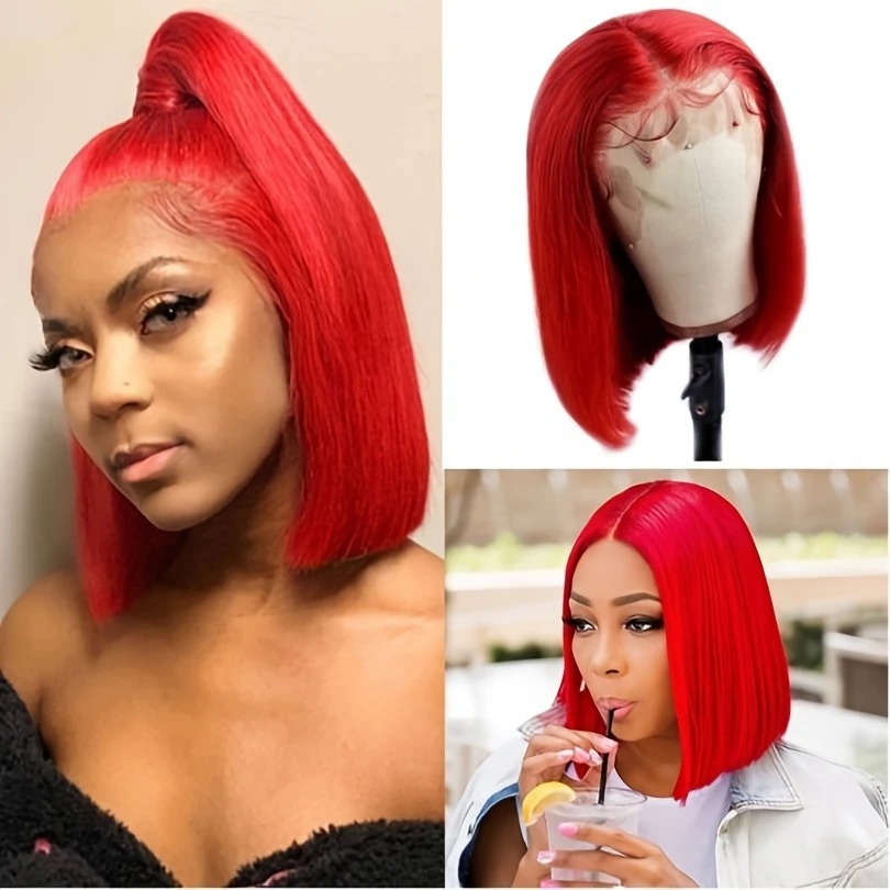 

Hot Red Color Bob Wig Straight Human Hair 13x4 Transparent Lace Front Wigs for Women Human Hair Pre Plucked Lace Frontal Wigs