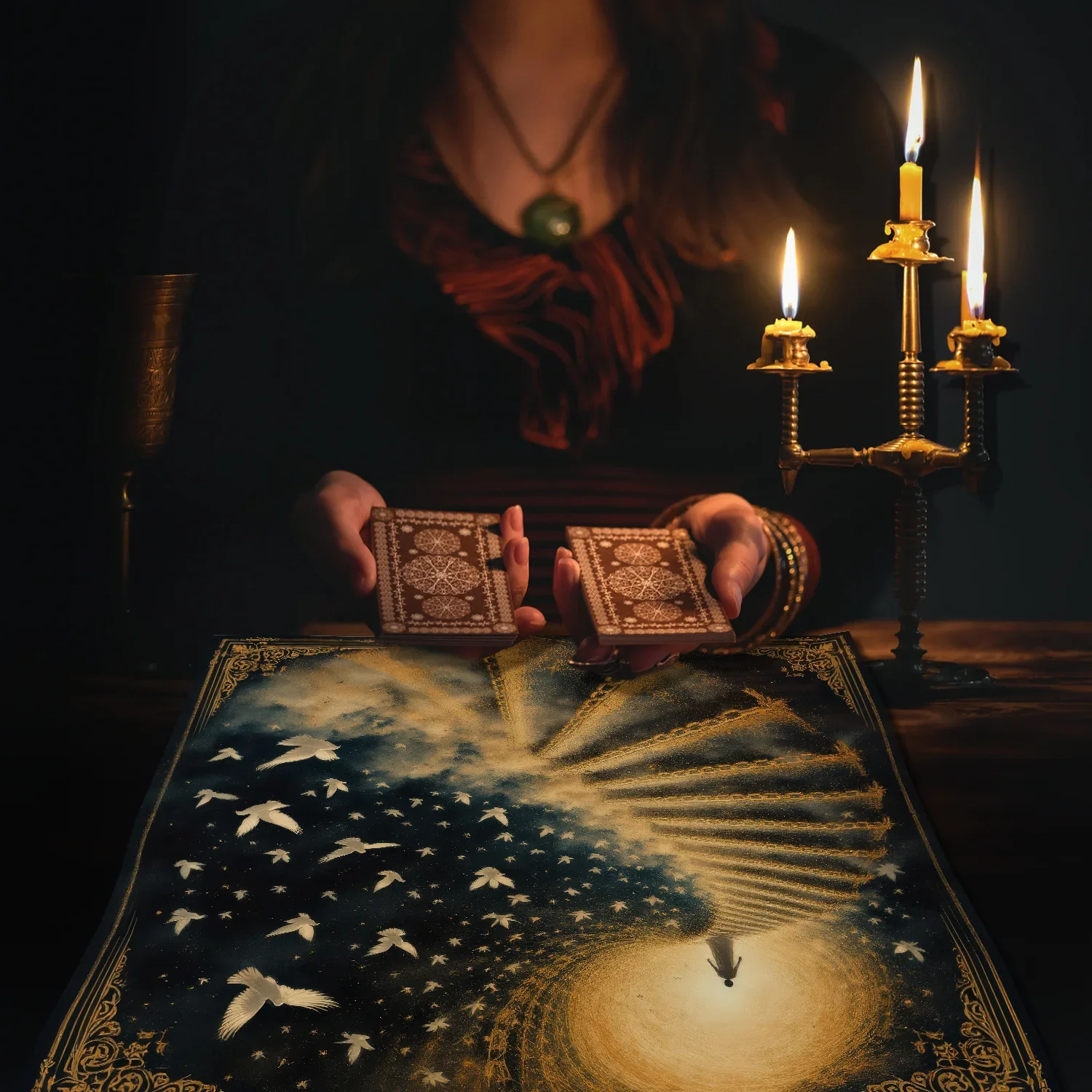 1PC 50/75cm Mystical Tarot Tablecloth Black Gold Witch Altar Cloth White Dove Star Cloud Pattern Polyester Divination Home Decor