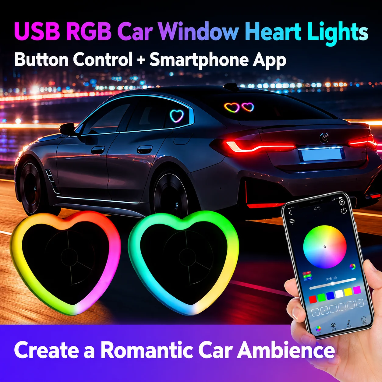 Car triangular window glittering APP heart-shaped ambient lights interior decoration heart-shaped neon lights