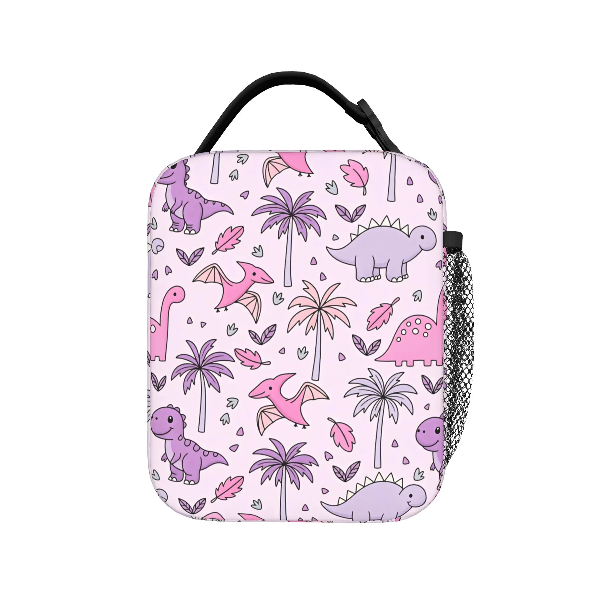 Pink Purple Tropical Dinosaur Print Lunch Bag Picnic Portable Thermal Lunch Bags For Women  Waterproof Custom Cooler Bag