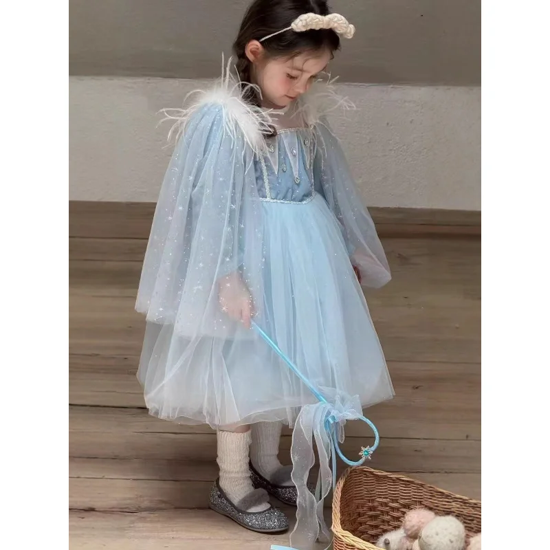 

2025Girls' Frozen Princess Dress Tulle Dress Little Girl Birthday Dress Long Sleeve Feather Style