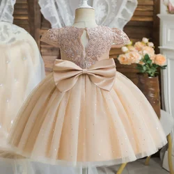 Toddler Girls 1st Birthday Party Dresses Cute Bow Kids Princess Lace Tulle Short Dress Flower Girls Dress for Wedding 1-5 Year