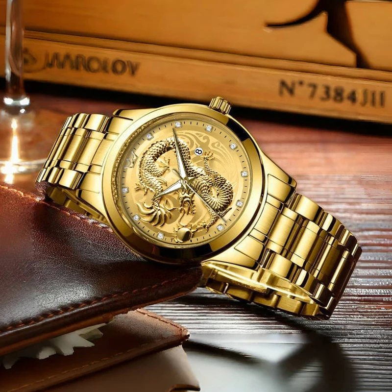 

XGEAR Мужские часы с тиснением золотого дракона и водонепроницаемым немеханическим модным ремешком из нержавеющей стали с бриллиантами