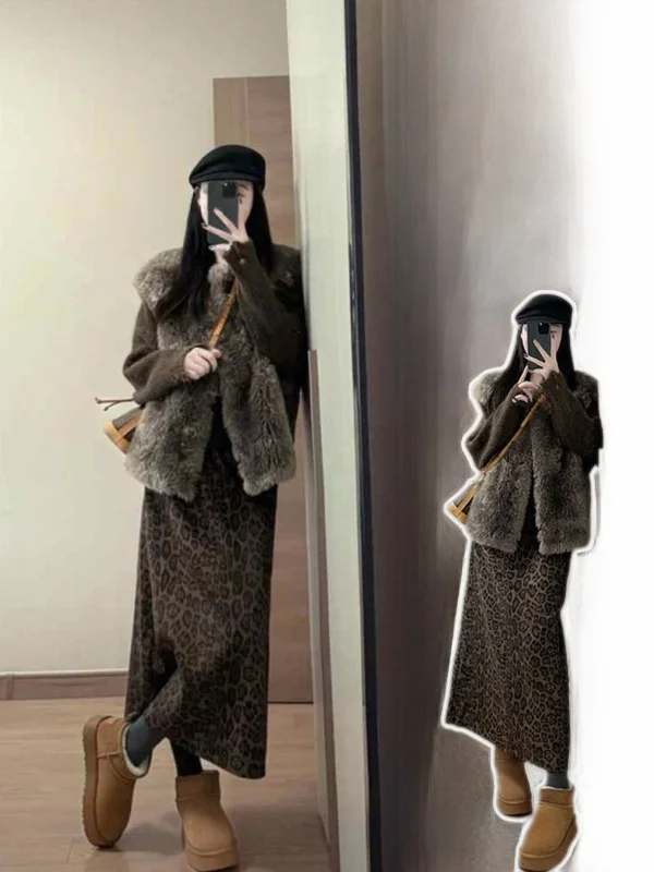 

plus Size Knitted Sweater Faux Fur Vest High Waist Skirt Tee Piece Set for Women Casual Winter Loose Fit Faion Set