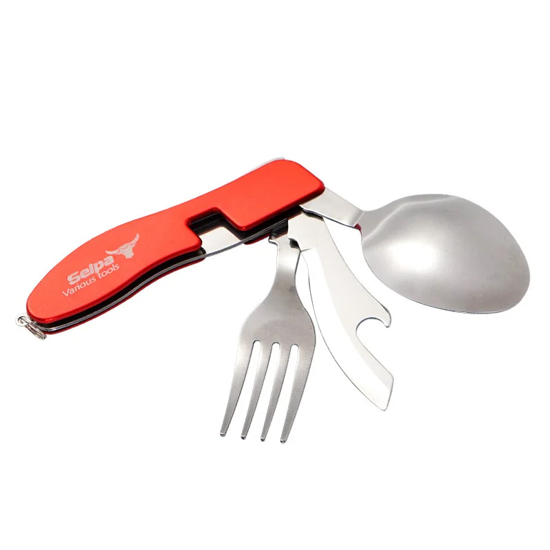 

3 in 1 Foldable Spoon Fork Knife Red Camping BBQ Picnic Stainless Steel Travel Cutlery
