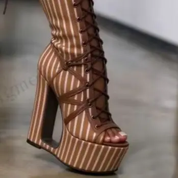 Women Striped Knee High Platform Sandals Boots Open Toe Lace Up Cutout Strang Style Chunky Heel Fashion Nightclub Party Boots