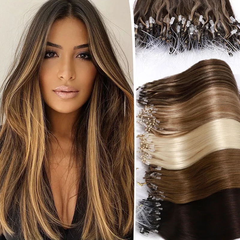 

Premium Quality 100% Human Hair Micro Loop Ring Extensions Straight Weft With Rings For Easy Application Colors 1B/2/4/613