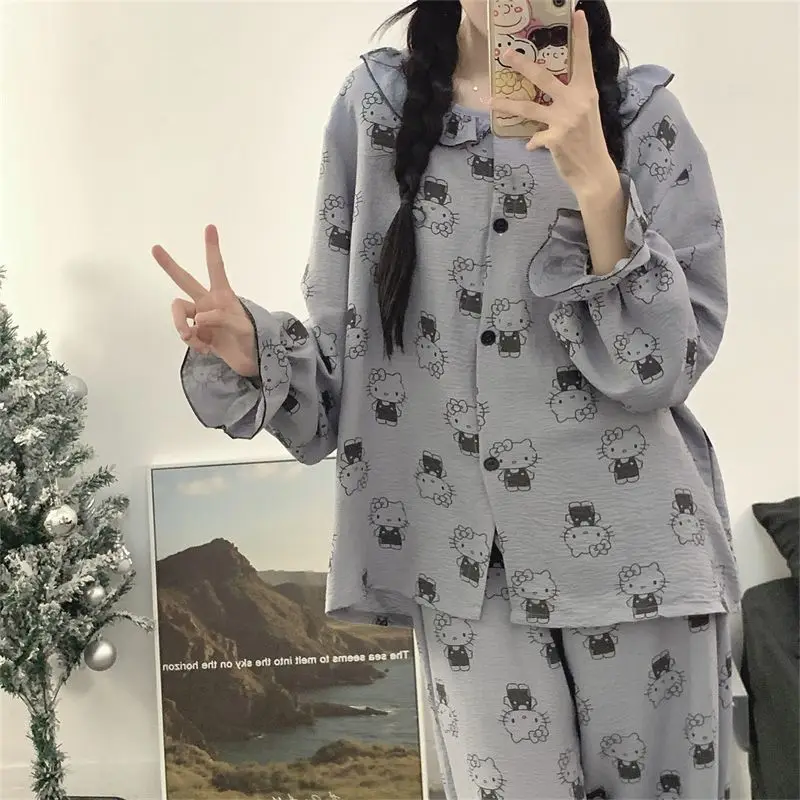 Miniso Hello Kitty Pyjama Pop Kraag Puur Katoenen Print Lange Mouw Pyjama Herfst/Winter Meisjes Vest Huiskleding