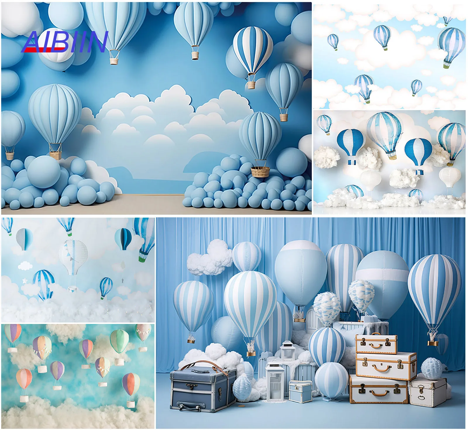 Hot Air Balloon Photography Background Blue Sky White Clouds Luggage Adventure Birthday Party Decor Backdrop Kids Cake Portrait