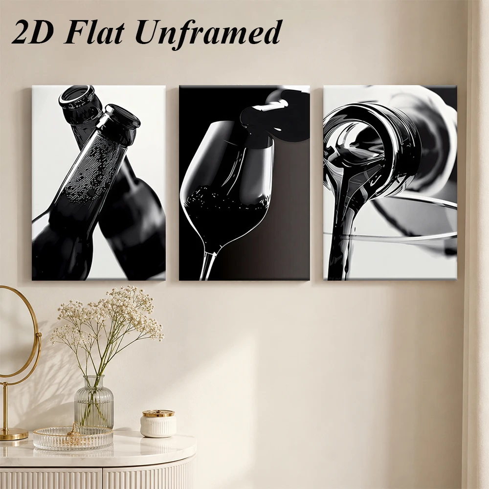1 set of modern minimalist black and white red wine triple decoration painting, bottle and glass frameless painting, 2D flat