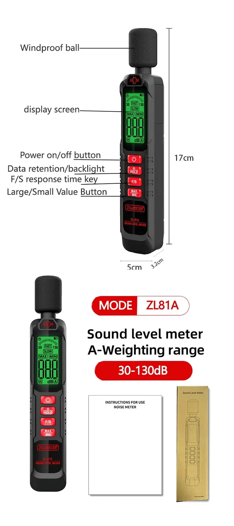 Dezibel Meter Tester Digital Sensor Noise Meter 30-130dB Umgebungsgeräusch Winddicht Schwamm Sound Messgerät – Detail 6