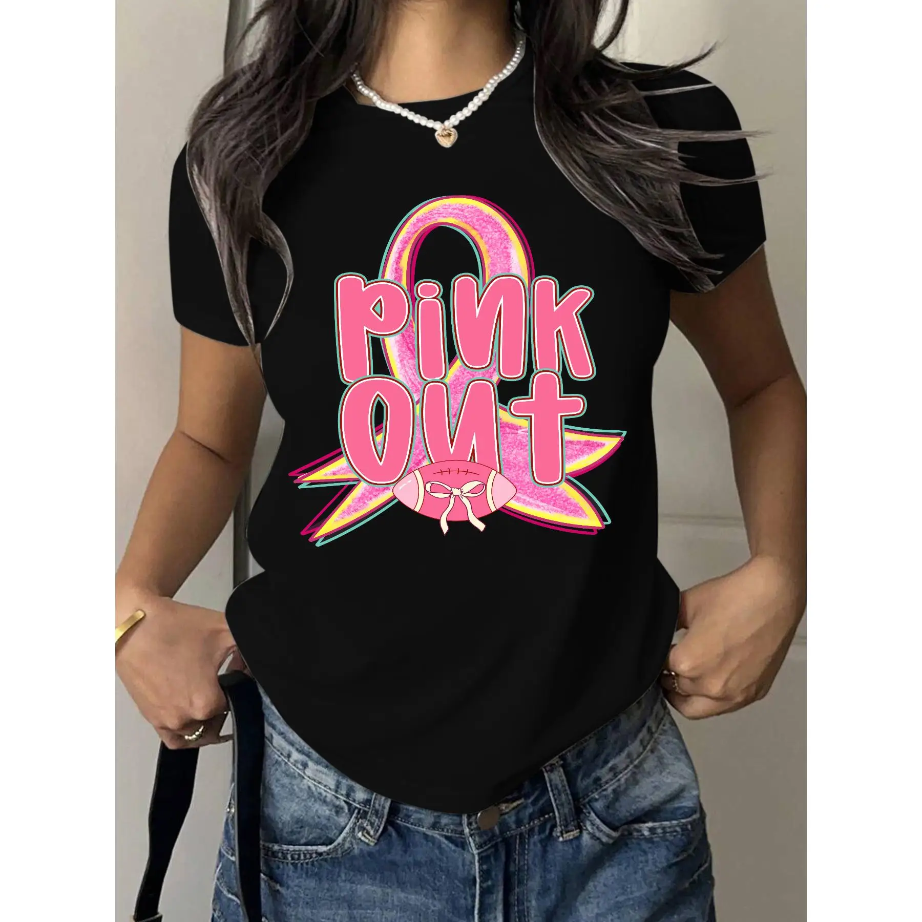 

Pink Out Breast Cancer Awareness Football T-Shirt Women Ribbon Graphic Tee Support Hope Fight Cure Casual Top
