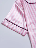 Striped Embroidered Letter Pocket Short Sleeve and Shorts Pajama Set, Casual Satin Sleepwear with Lapel Collar and Button Detail 4