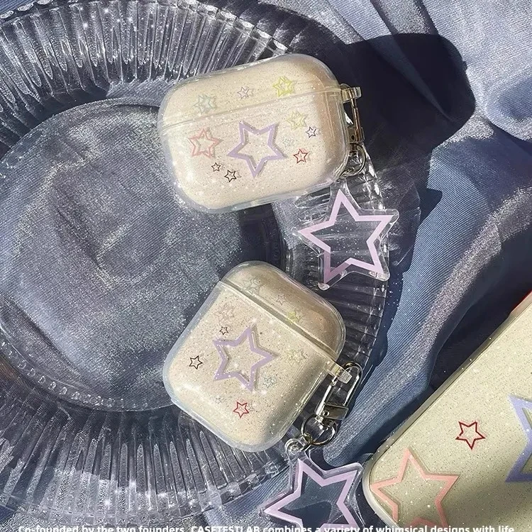 

For Apple AirPods 1 2 3 Earphone Case Bling Glitter Star Clear Keychain Cases for AirPods Pro 2nd Bluetooth Headset Wireless Box