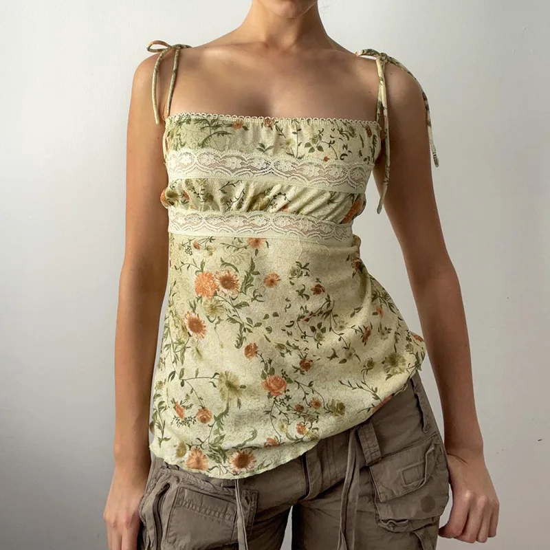 

Gentle Countryside Style In Summer, Floral One Neck Tank Top With High Waist And Pleated Skirt Design, Lace Up Vest