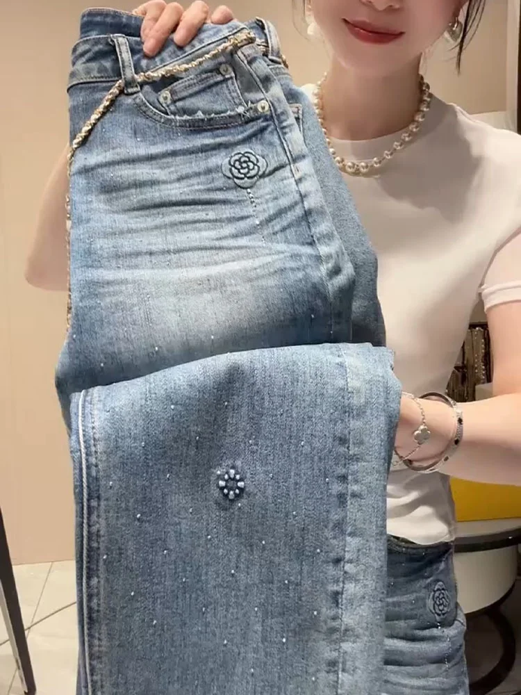 

American Sle Blue Heavy Du Rhinestone e Sta Straight Leg Pants Women Summer High Waist Slimming Versatile Pants