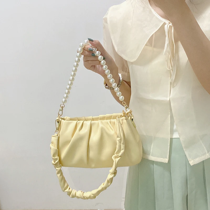 Light Yellow Single Shoulder Underarm Bag White Handbag for Women 2024 New Versatile Niche Design Beading Pleated Cloud Bags