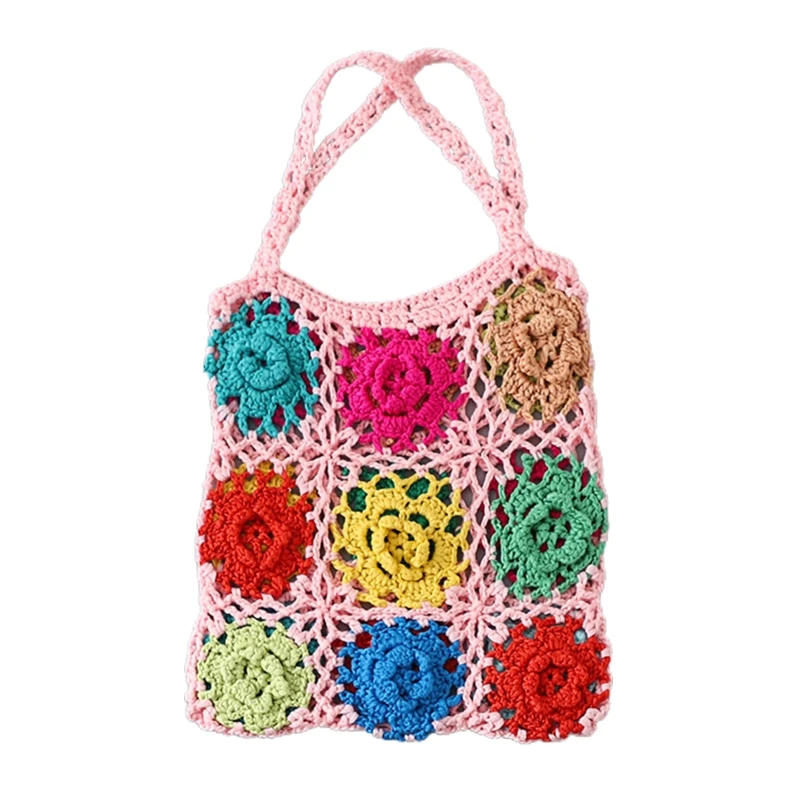 Handmade Knitted Handbag Women's Shoulder Bags Girls Colorful Crochet Tote Bag