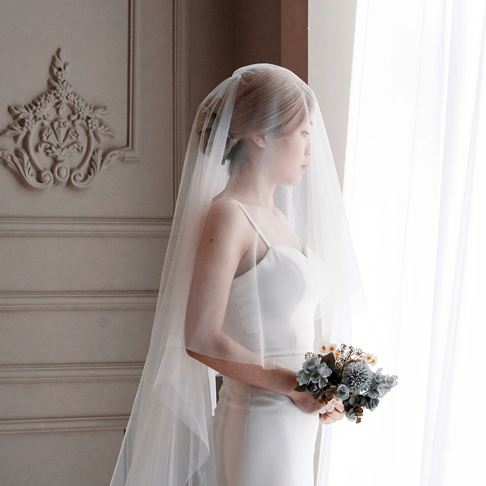 elegant romantic fashion unique 2 layer face cover trailing 3M lace sequin cathedral bride wedding veil with comb VP34