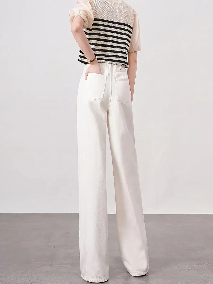 LOUIS YAO Women Jeans 2024 Spring New Straight Wide Leg Denim Pants High Waist Loose Fit White Casual Retro Long Trousers