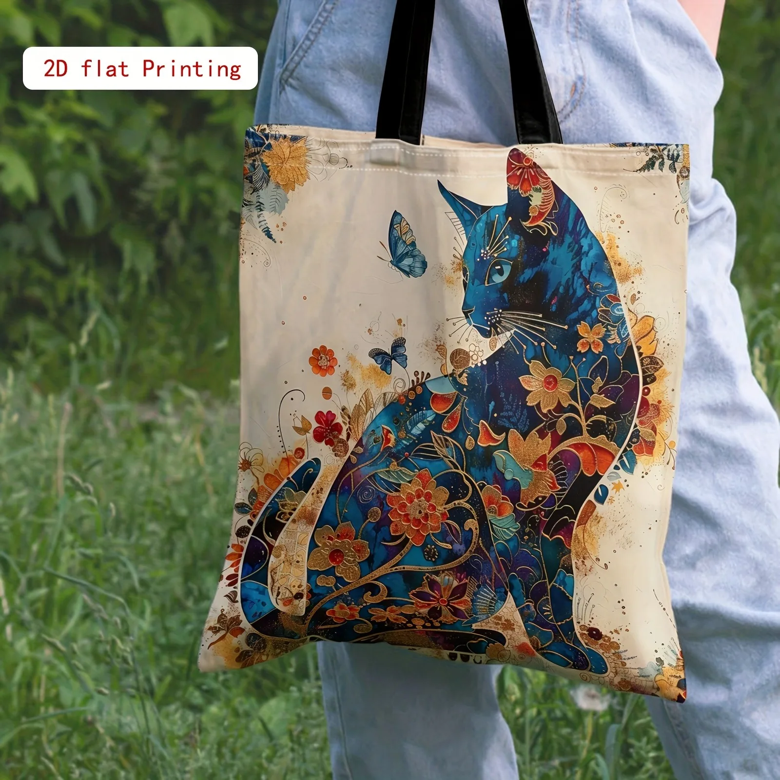 Floral Cat Design Tote Bag  Abstract Art Women'S Easy Double-Sided Printed Shoulder Bag for Travel And Daily Storage Bag