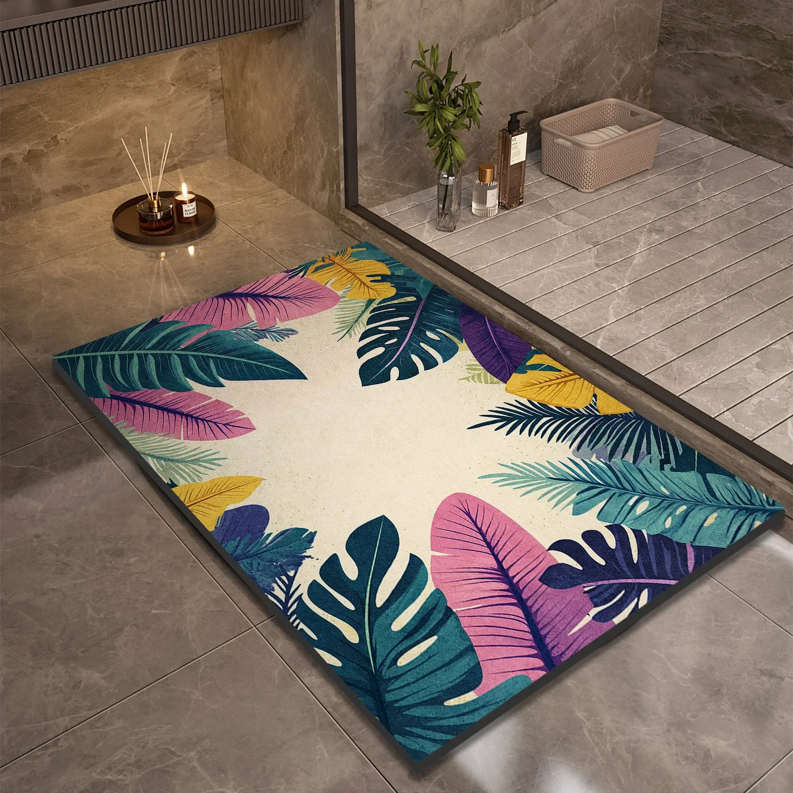 Tropical Leaf Print Bathroom Bath Mat Super Absorbent Shower Carpet Floor Foot Mats Non Slip Quick Dry Toilet Room Rugs Washable