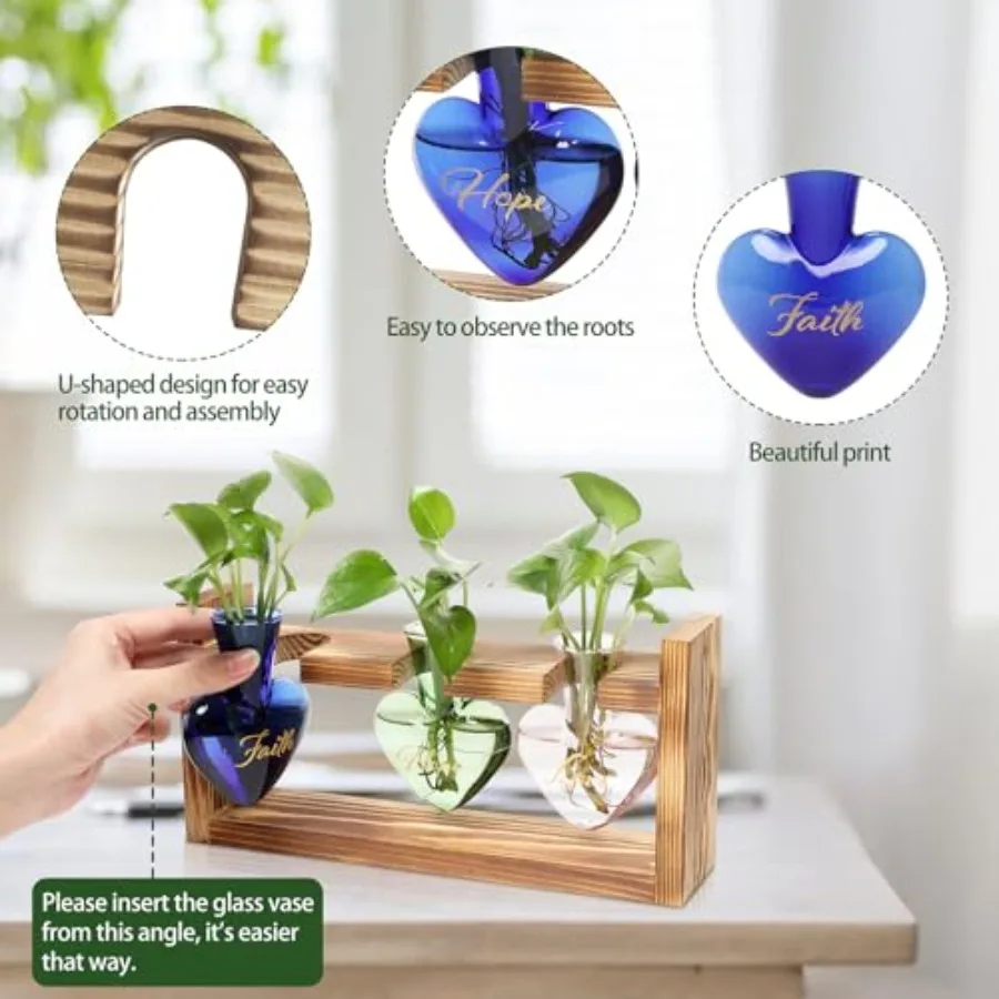 Plant Terrarium Propagation Stations Faith Hope Love Hydroponics Home Garden Decoration Gift for Women with Wooden Stand Heart