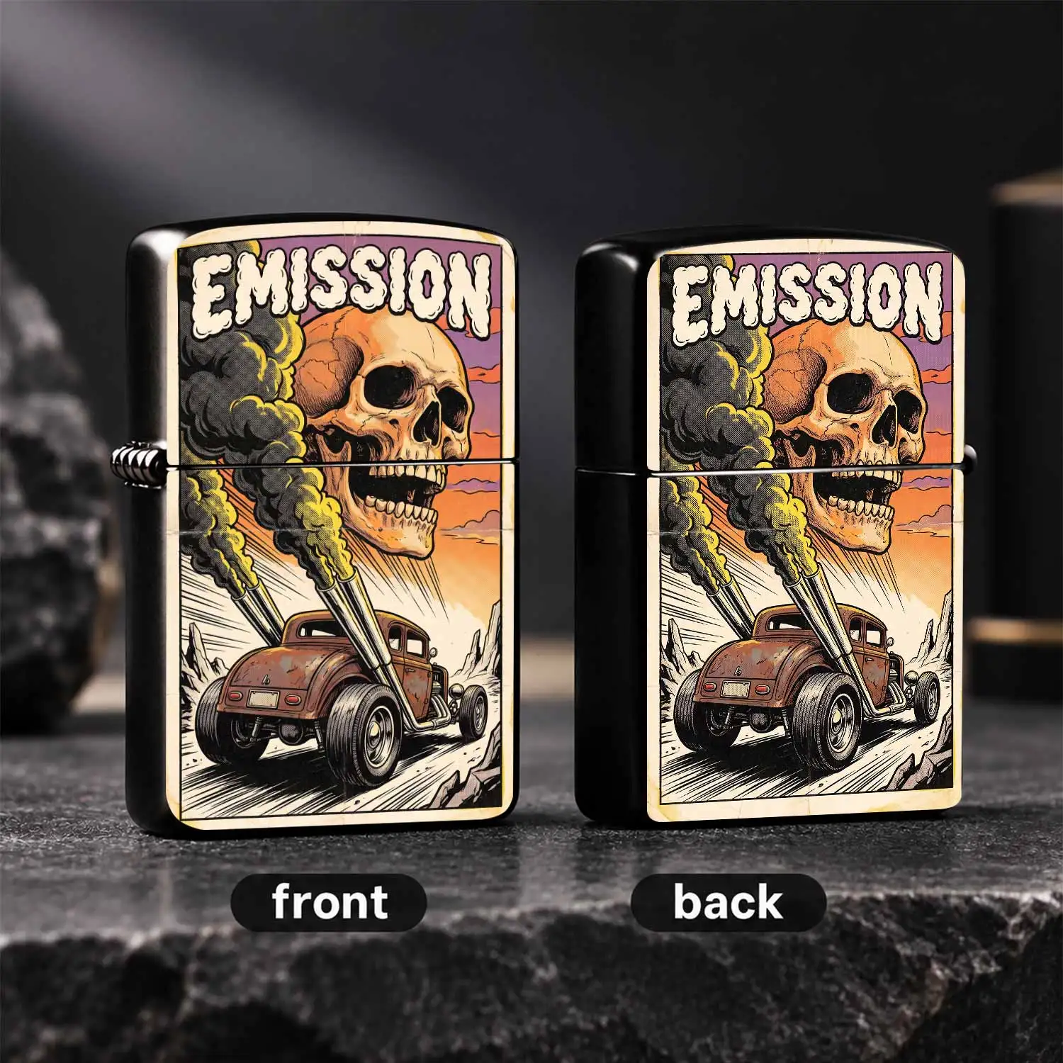 Vintage Steampunk Emission Themed Lighter Retro Skeleton Hot Rod Art Print Portable Igniter Stylish Creative Collectible Practical Accessory For Daily Commute Outdoor Gathering Gifting Ideal Unique Present For Hobbyists And Friends A Humoro