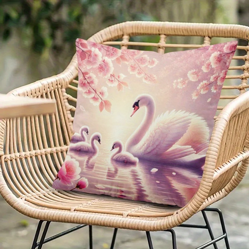 1pc 2D Flat (Pillow Not Included) Pink Swan Family Cherry Blossom Lake Cushion Cover ShortPlush Romantic SpringDecor ThrowPillow