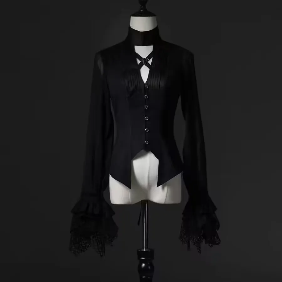 

Harajuku Victorian Blouses Women Lolita V-Neck Irregular Lace Long Sleeve Black Shirts Punk Slim Bandage Y2k Tops Mujer Blusas