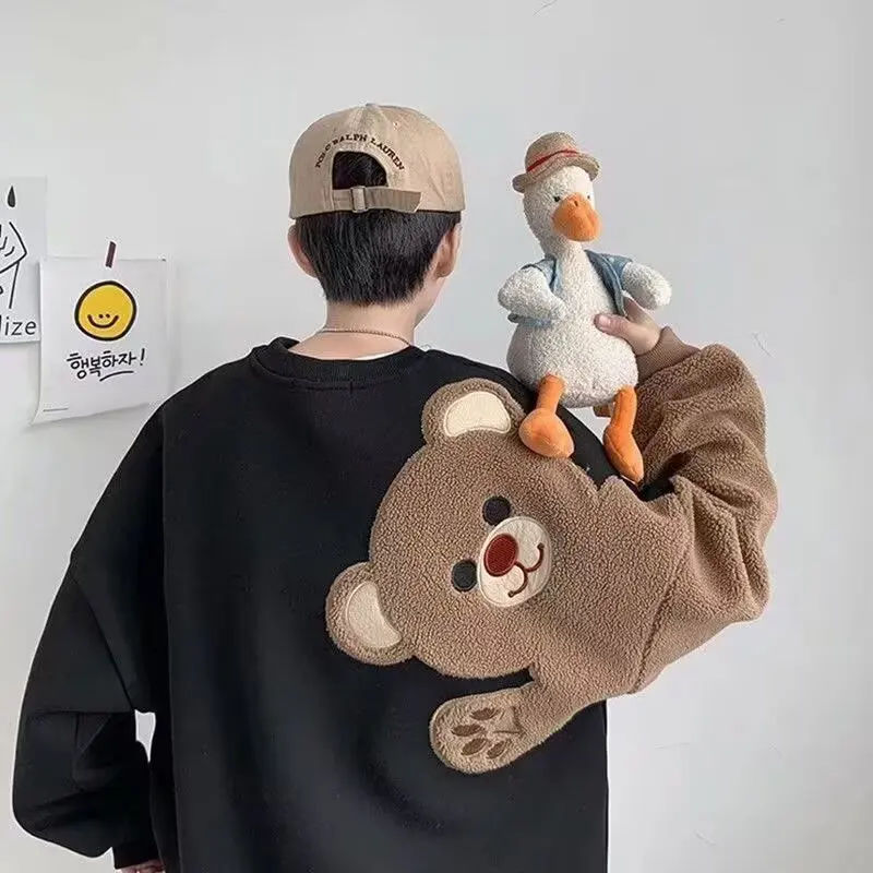 

Осенне-зимний утепленный свитшот большого размера с вышитым дизайном в виде медведя для мужчин и женщин, свободного кроя, с круглым вырезом, надеваемый через голову.