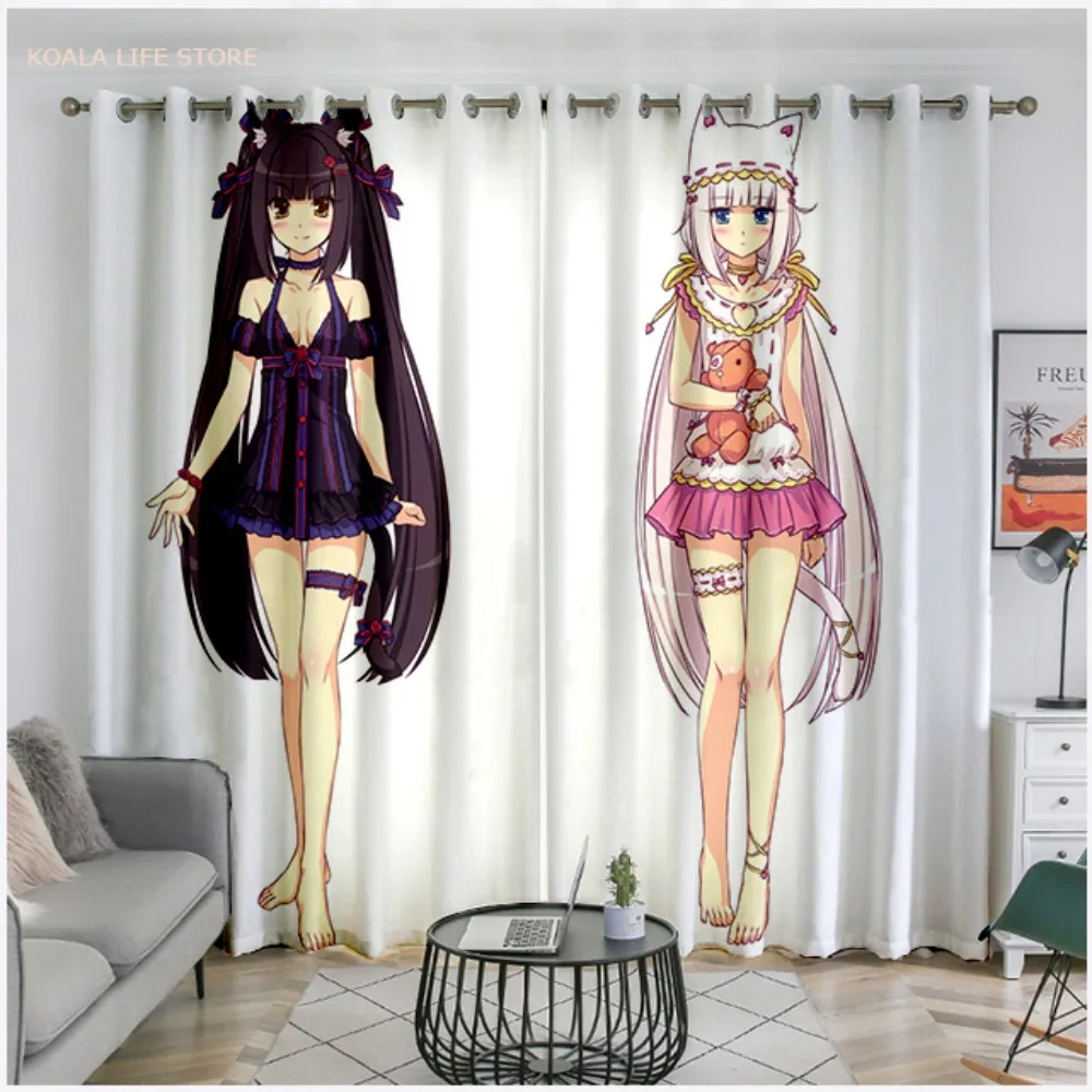 Kawaii Girl Nekopara Window Drapes Blackout Curtains Anime Chocolate And Vanilla Floor-To-Ceiling Bedroom Living Room Curtains