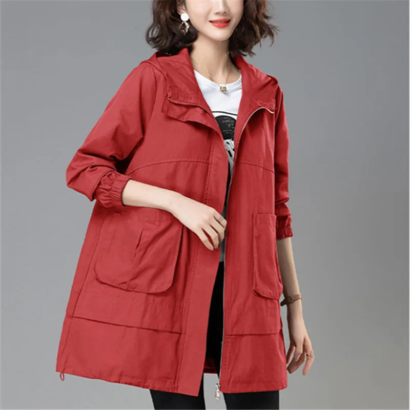 Korean Hooded Trench Coat Women Mid-Length Spring Autumn New Fashion Middle-Aged Mom Casual Loose Windbreaker Female Tide W686