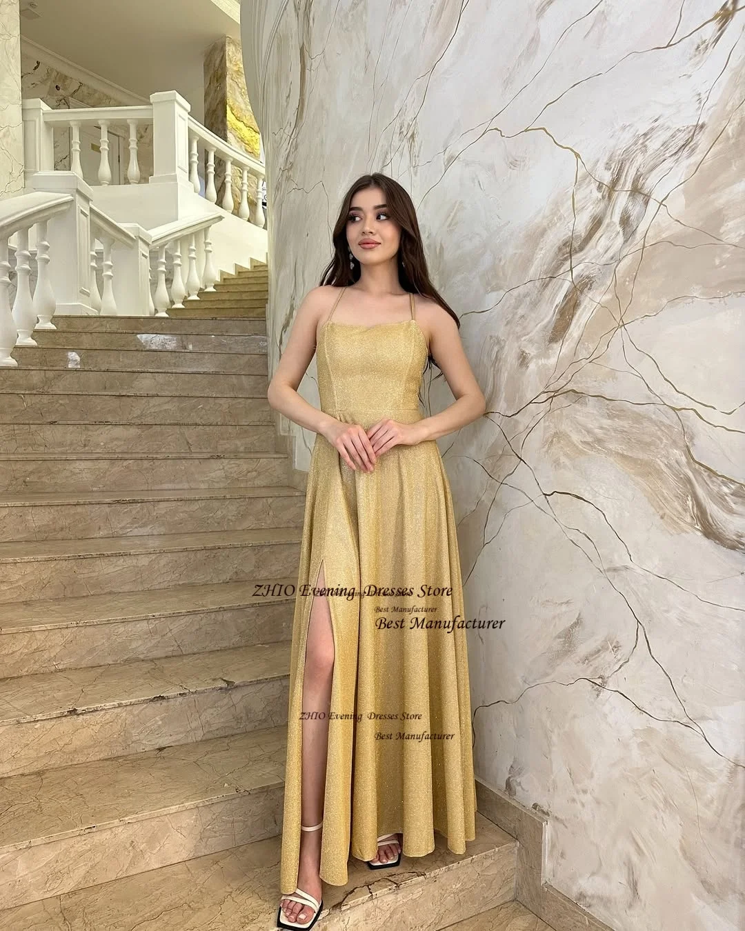 ZHIO-vestido de noche de estilo Simple con lentejuelas, plisado, línea A, cuello cuadrado, vestido de fiesta con tirantes finos, vestido de graduación personalizado para mujer