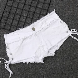 New Cotton Elastic Side Slit Bandage Tight Low Waist Sexy Denim Jean Shorts Black And White