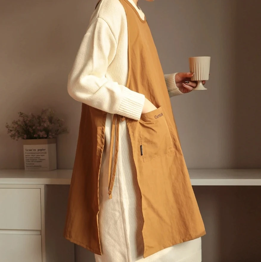 

Anti-dirty Long Vest Waterproof Kitchen Apron with Pockets Women's Painting Cooking Working Pinafore