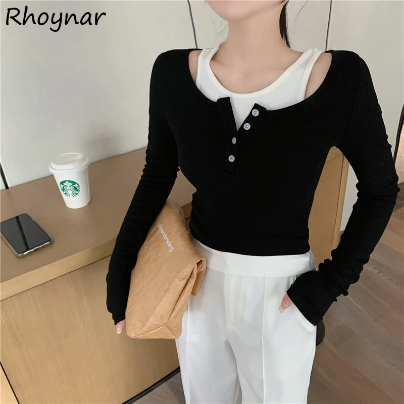 Long Sleeve T-shirts Women Korean Clothing Leisure Simple All-match Fake 2pcs Patchwork Button Design College Autumn Streetwear