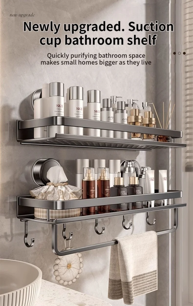 Kein Bohren, Saugnapf, selbstklebendes Badezimmerregal, Badezimmerregal, Toilette, Aluminium-Hängeregal, Badezimmer-Organizer, zum Aufhängen an der Wand – Detail 4