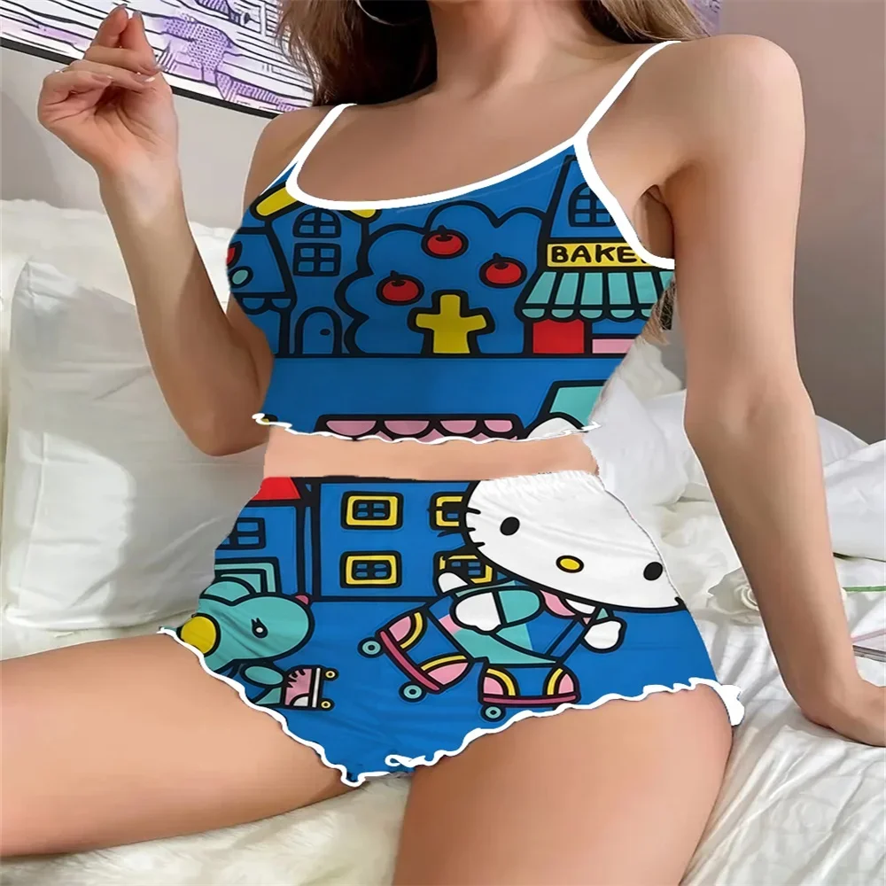 Two Pieces Set of Short Style Female Sleepwear Sexy Romantic Women's Nightwear Hello Kitty Pattern Suspender Pajama for Women