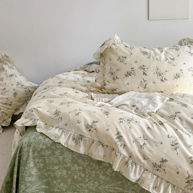 Small Floral Printed Lace Ruffle Bedding Set, Simple Fresh Flower Single Duvet Cover, Bed Linen Set, Pillowcases, 100% Cotton