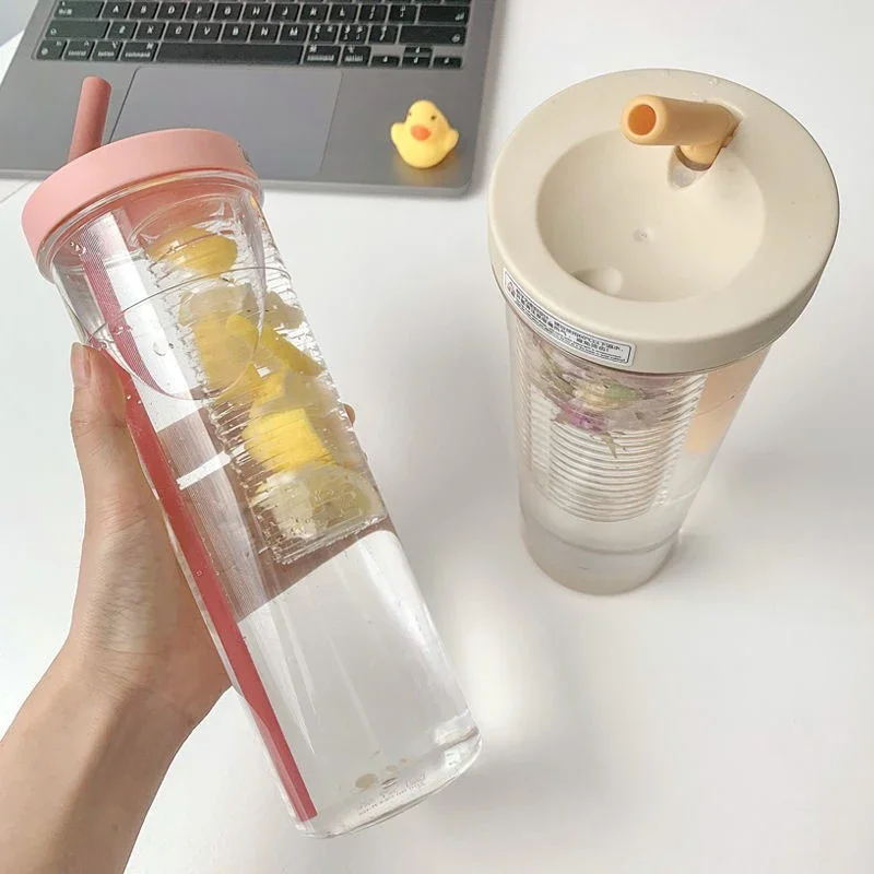 700ML Large Capacity Straw Cup Transparent No Leakage Water Cup Portable Lemon Juice Cups Filter Cute Drinking Bottle for Girl