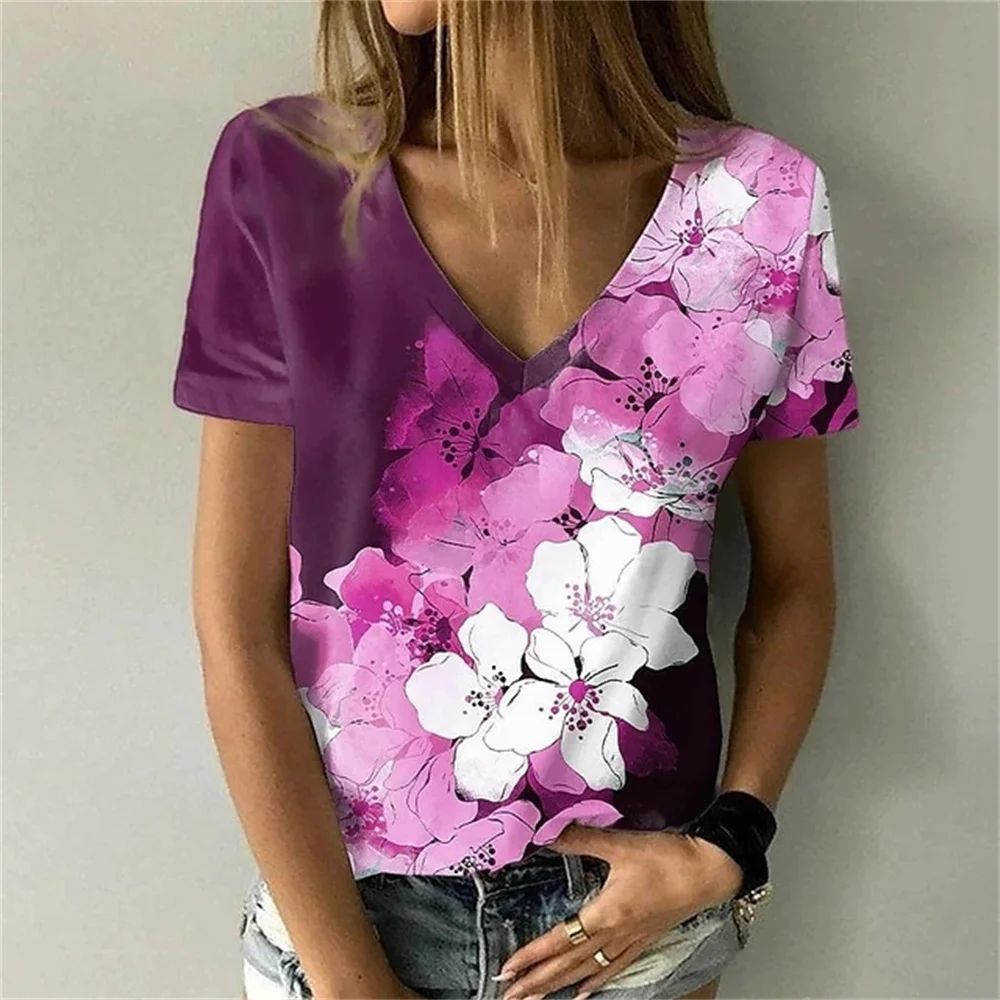 T-shirty damskie modne postacie z koszulka kwiatem 3d t-shirt Harajuku Casual krótki rękaw dekolt w szpic Oversized odzież damska